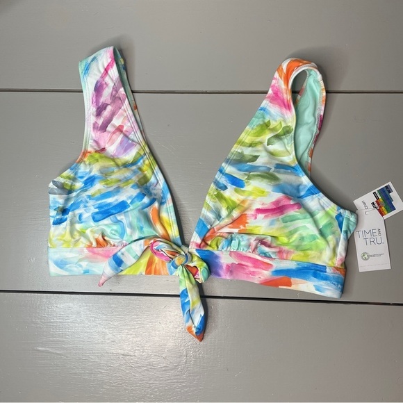 NWT Time and Tru Size L Bikini TOP ONLY White Multicolor Plunge Front Tie. - Picture 3 of 7
